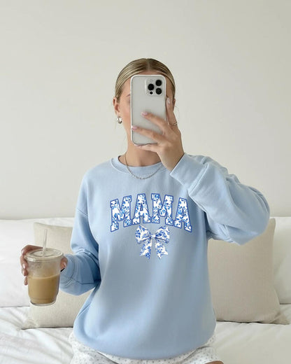 MAMA Chinoiserie Bow Pink/Blue Crewneck